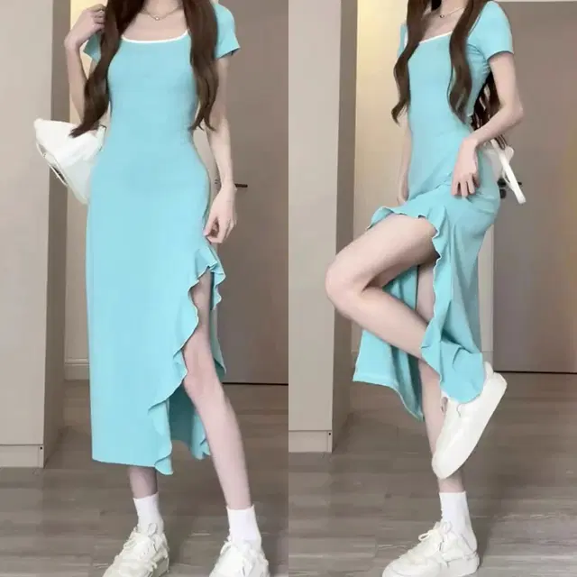 ~77 청량 치파오 프릴 트임 반팔 슬림핏 롱원피스 섹시 데일리 마실룩