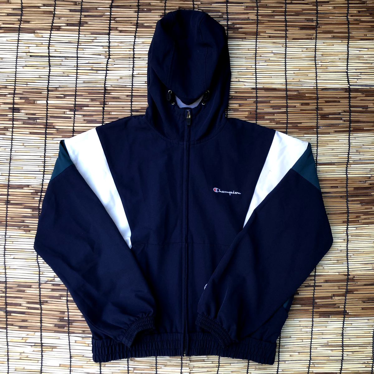 Champion Navy White Hooded Zip-Up M