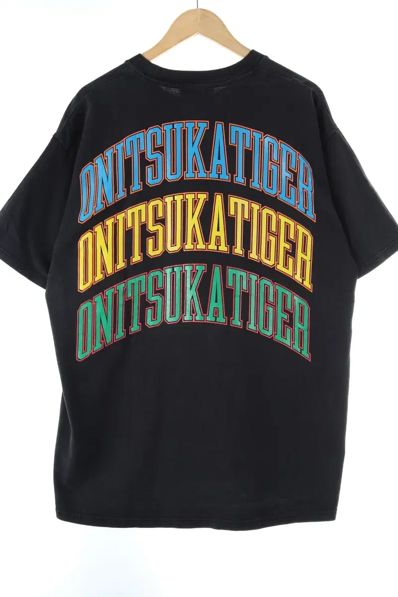 (XL) Onitsuka Tiger Short Sleeve T-Shirt Used Feeling Black Old School-DAB3