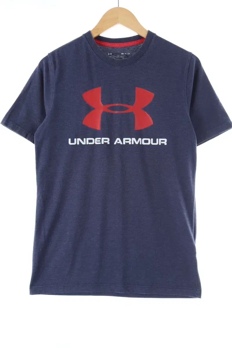 (S-M) Under Armour Short Sleeve T-Shirt Navy Big Logo Old School - DAE7