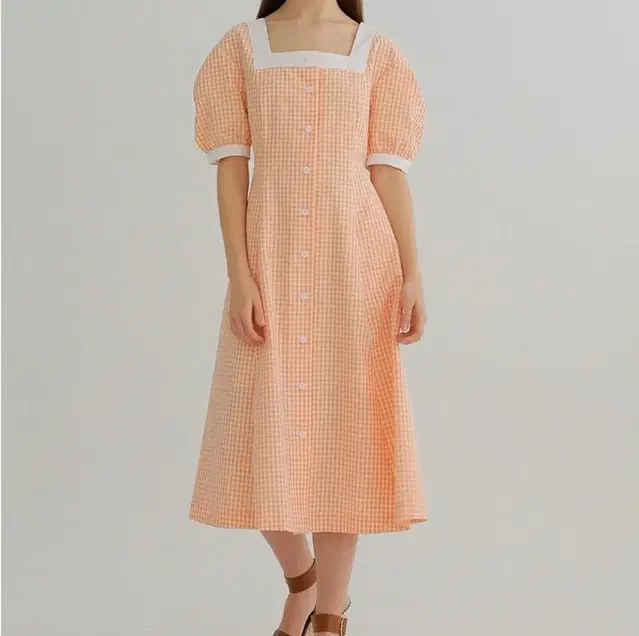 폴앤엘리스 SQUARE NECK CHECK DRESS / ORANGE