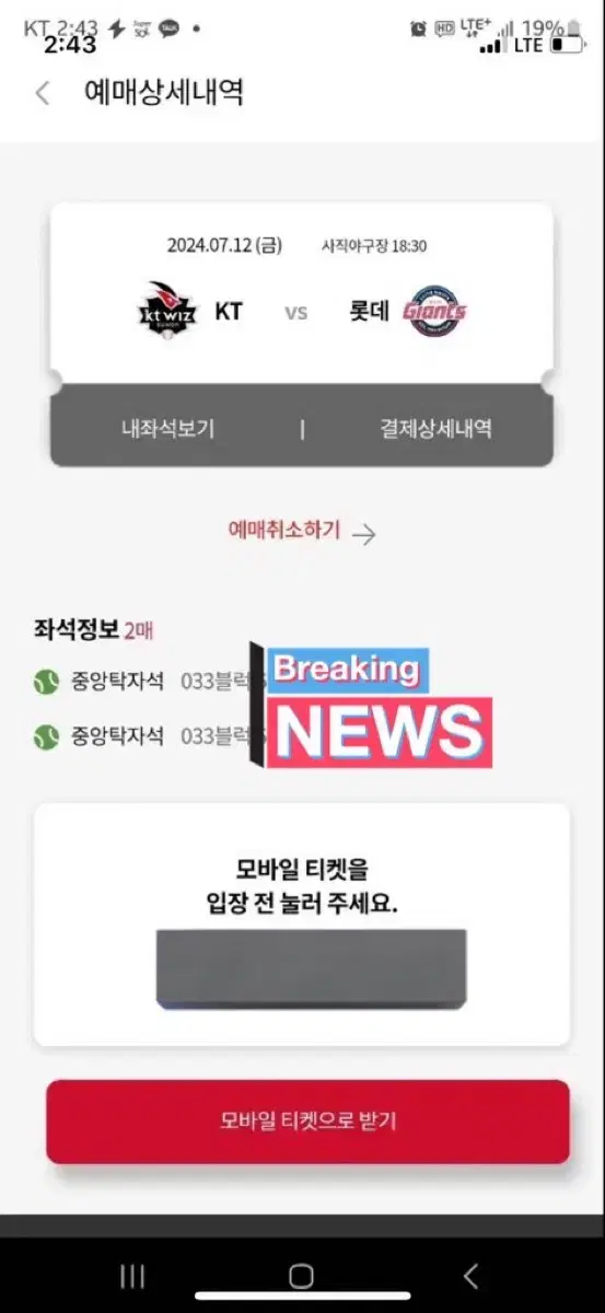 롯데자이언츠 케이티위즈 12일 2연석 중앙탁자석양도