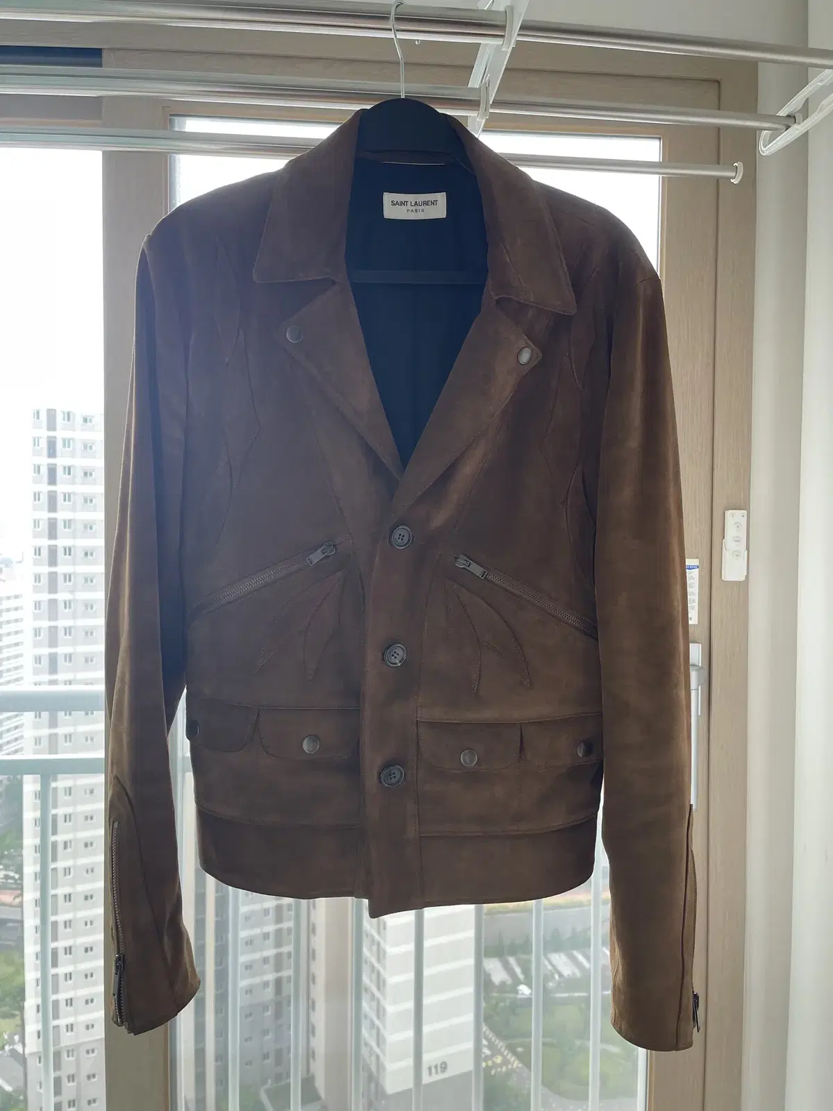 Saint Laurent Saint Laurent buttoned biker suede jacket for sale.