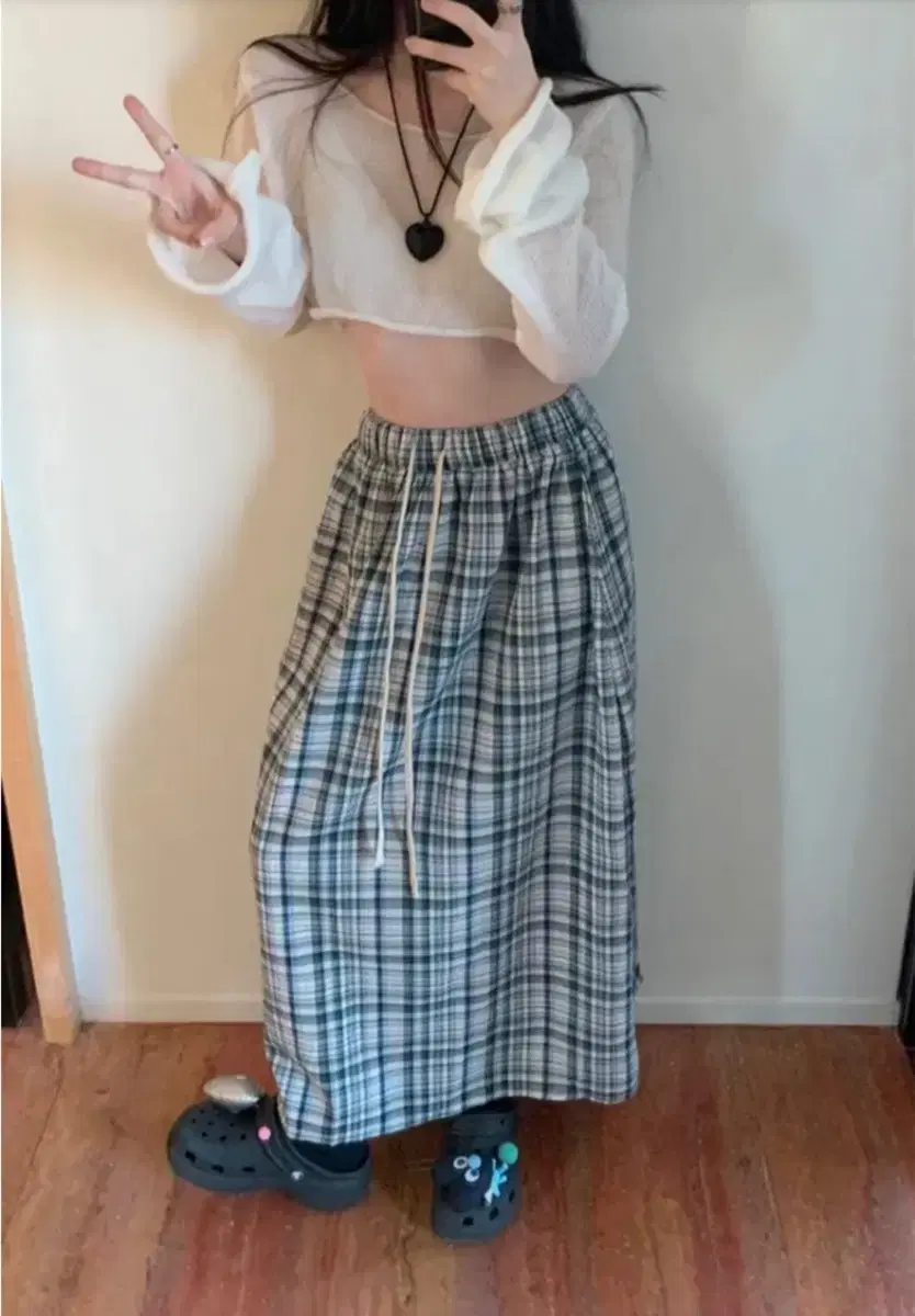 Check Banded Long Skirt