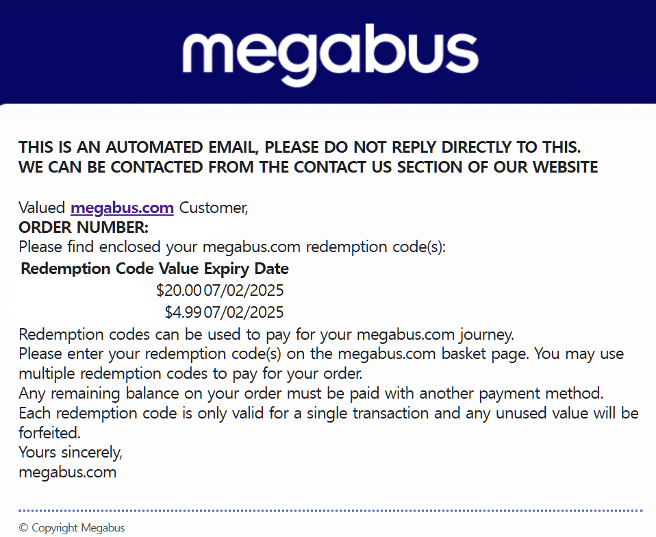 American Buses Megabus $24.99 Payment Code to Sell