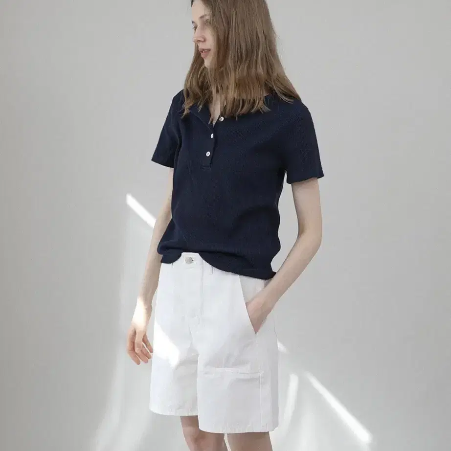 로우 leau ribbed button tee navy 리브드 버튼티