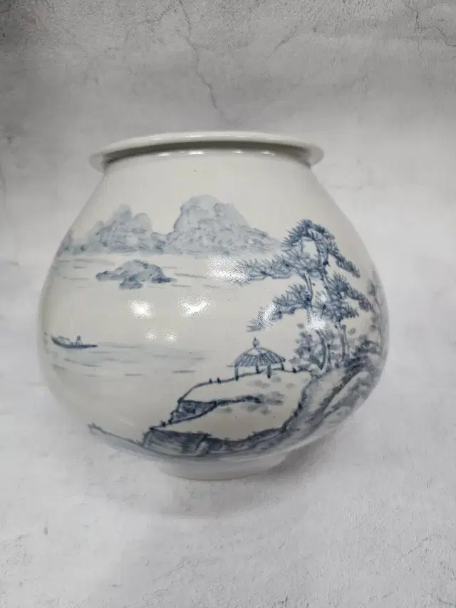 변산 위군섭 백자청화 풍경 달항아리 21x19cm 도자기