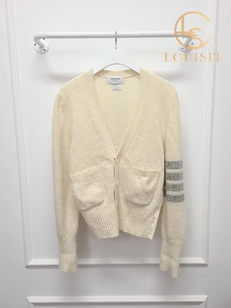 [3] Thom Browne Ivory Diagonal Armband Hidden Cable Cardigan