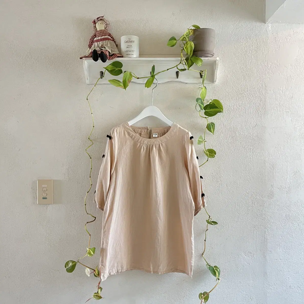 [akimarket]Linen blouse with ribbon trim