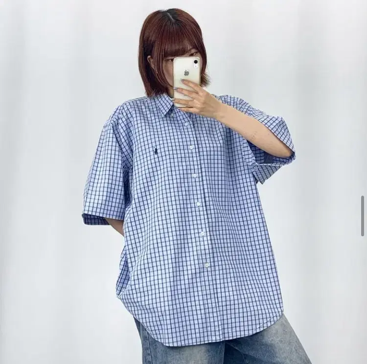 [4XL]Polo Sky Blue Check Short Sleeve Shirt CH5499