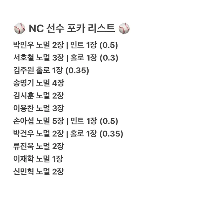 KBO 프로야구 NC 다이노스 포토카드