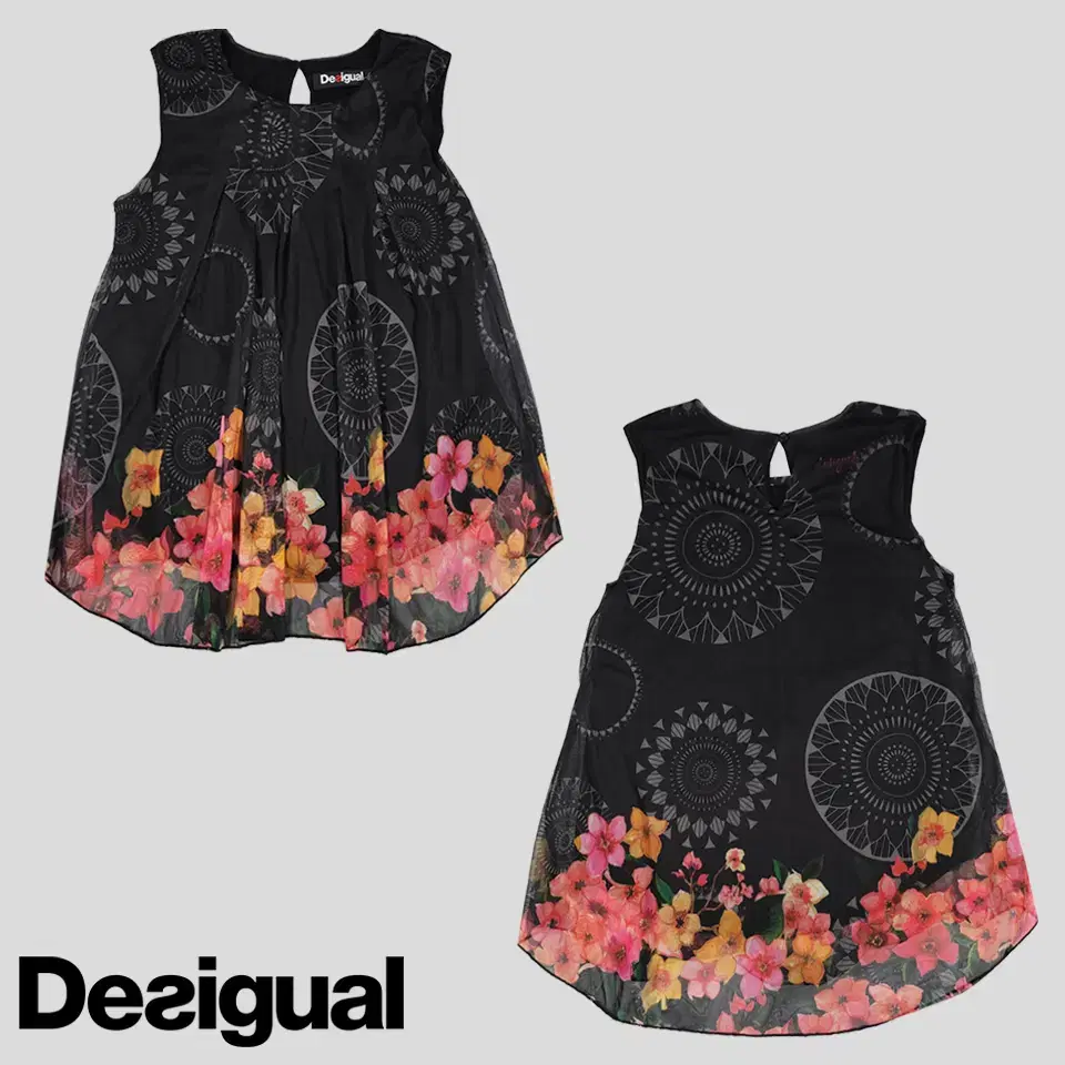 Desigual black pink gray flower ethnic pattern see-through poly flare Sylvia