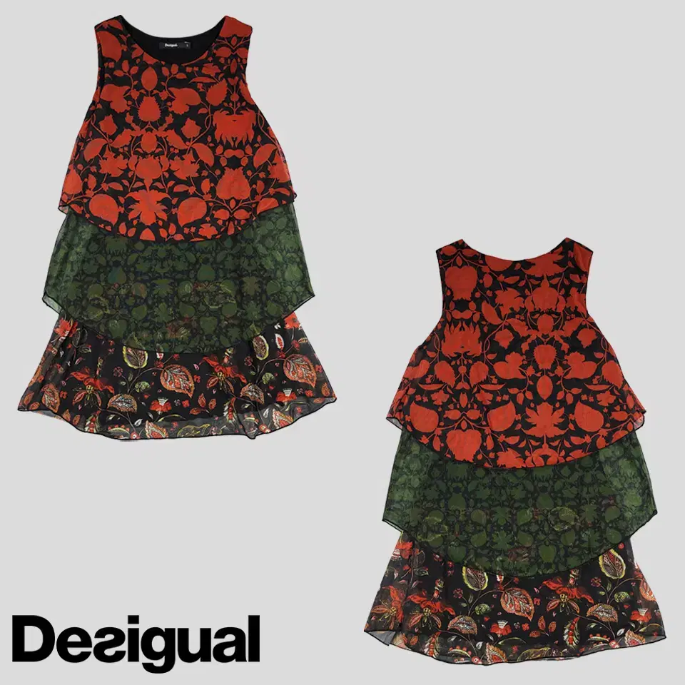 Desigual Red Green Black Floral Ethnic Avant-garde See-through Layered Poly