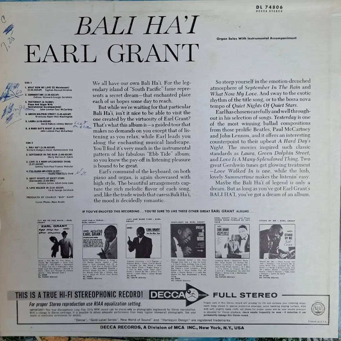 미국원반/Earl Grant - Bali Ha'i LP