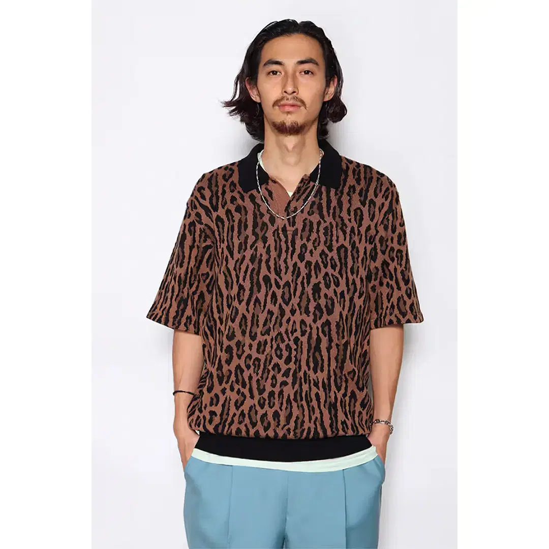 WACKO MARIA LEOPARD KNIT POLO BROWN