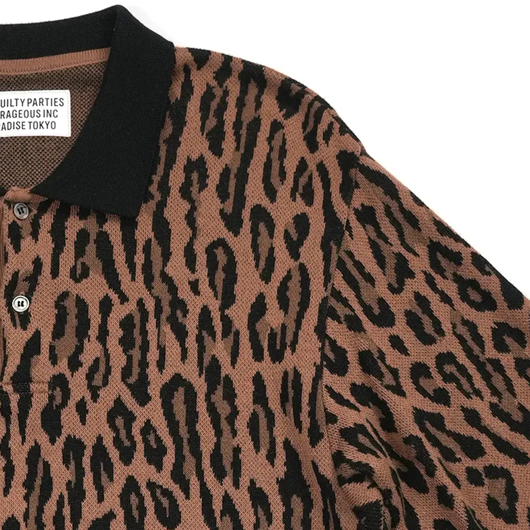 WACKO MARIA LEOPARD KNIT POLO BROWN