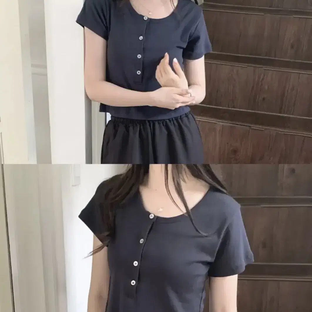 뮤트크레메 Button crop tee black