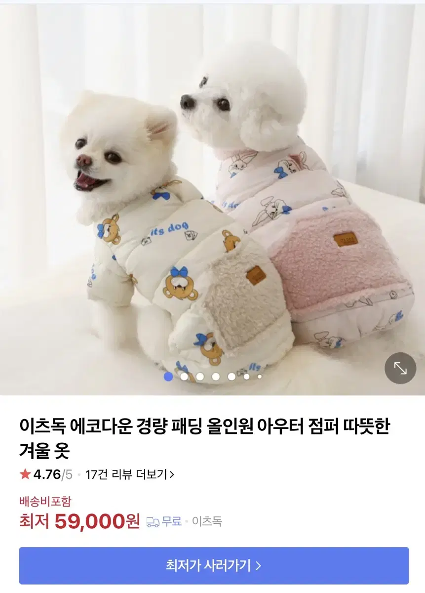 잇츠독 강아지 패딩과 오가닉 베넷옷