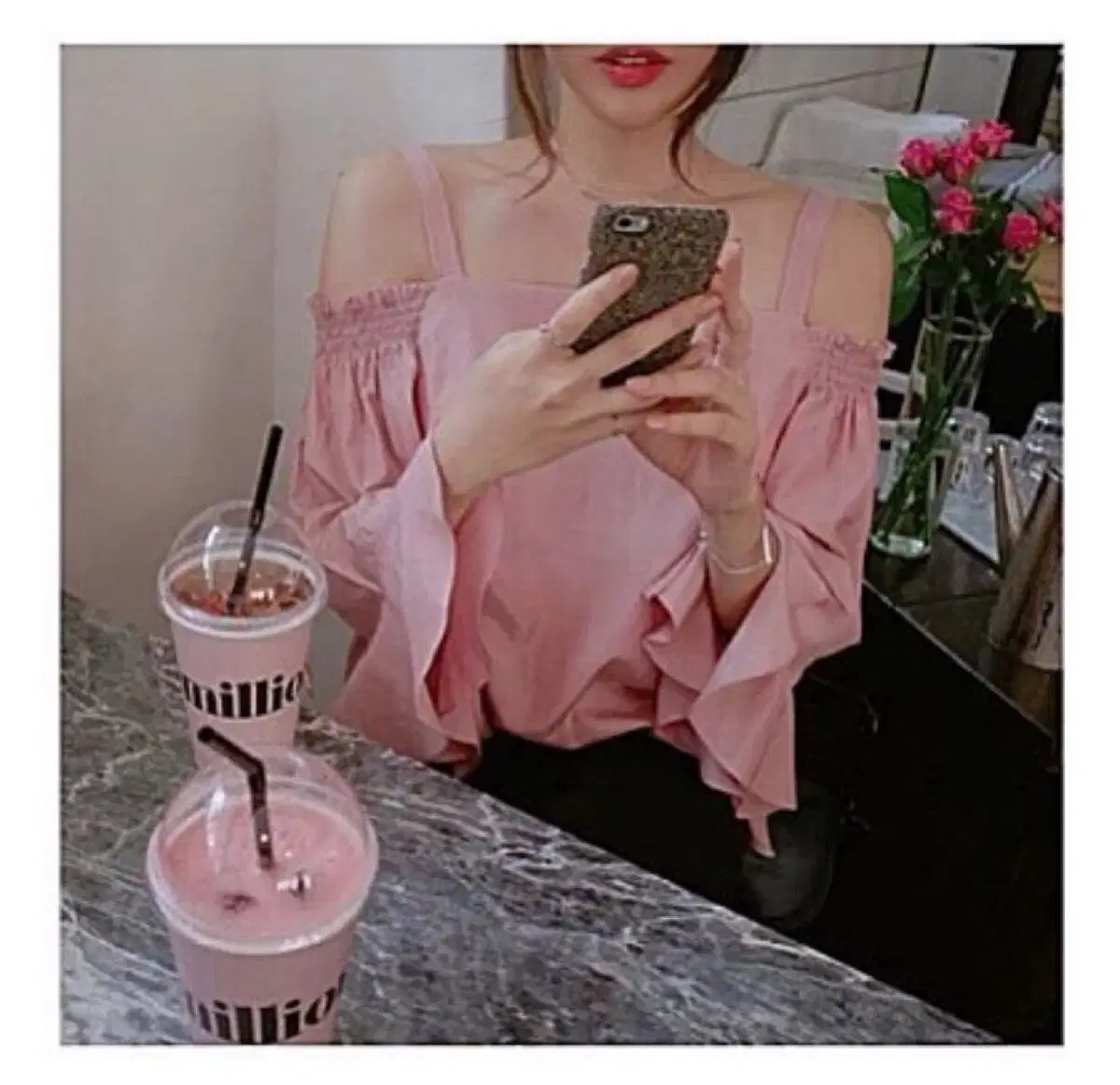 Pink off-the-shoulder blouse