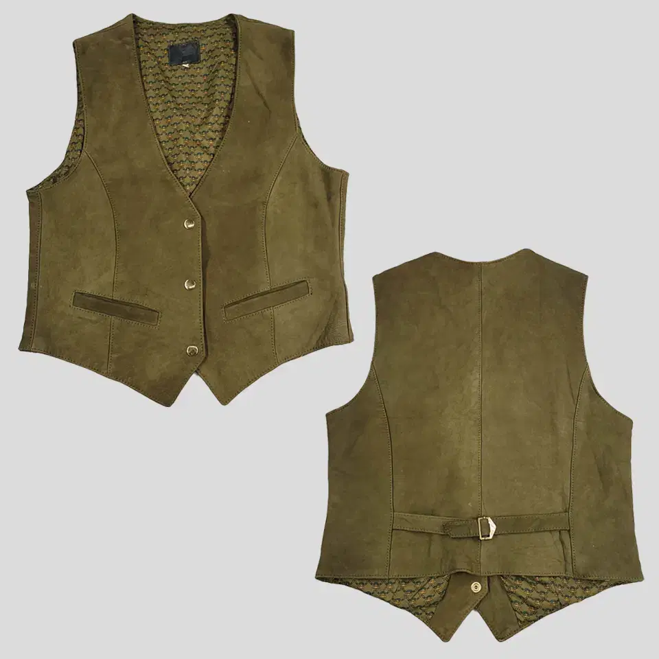 Vintage Khaki Snap Button Cinchback Real Suede Amechaji Western Vest Vest