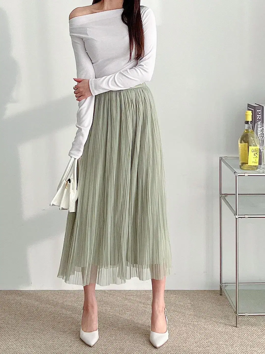 [Mesh Pleated Banding Long Skirt] 1872. Black Ivory Khaki Beige