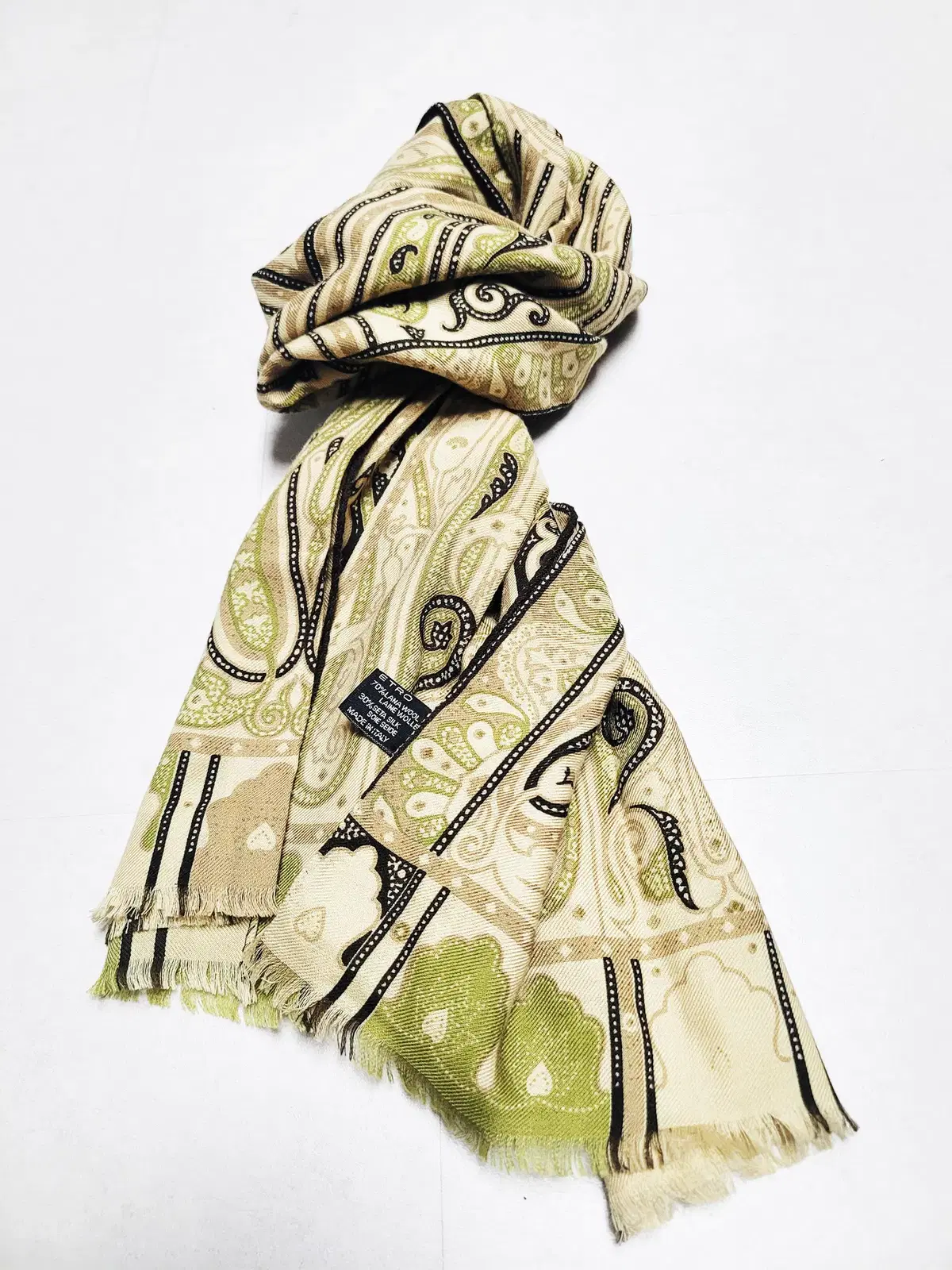 Etro Green Mocha Brown Paisley Wool Silk Scarf