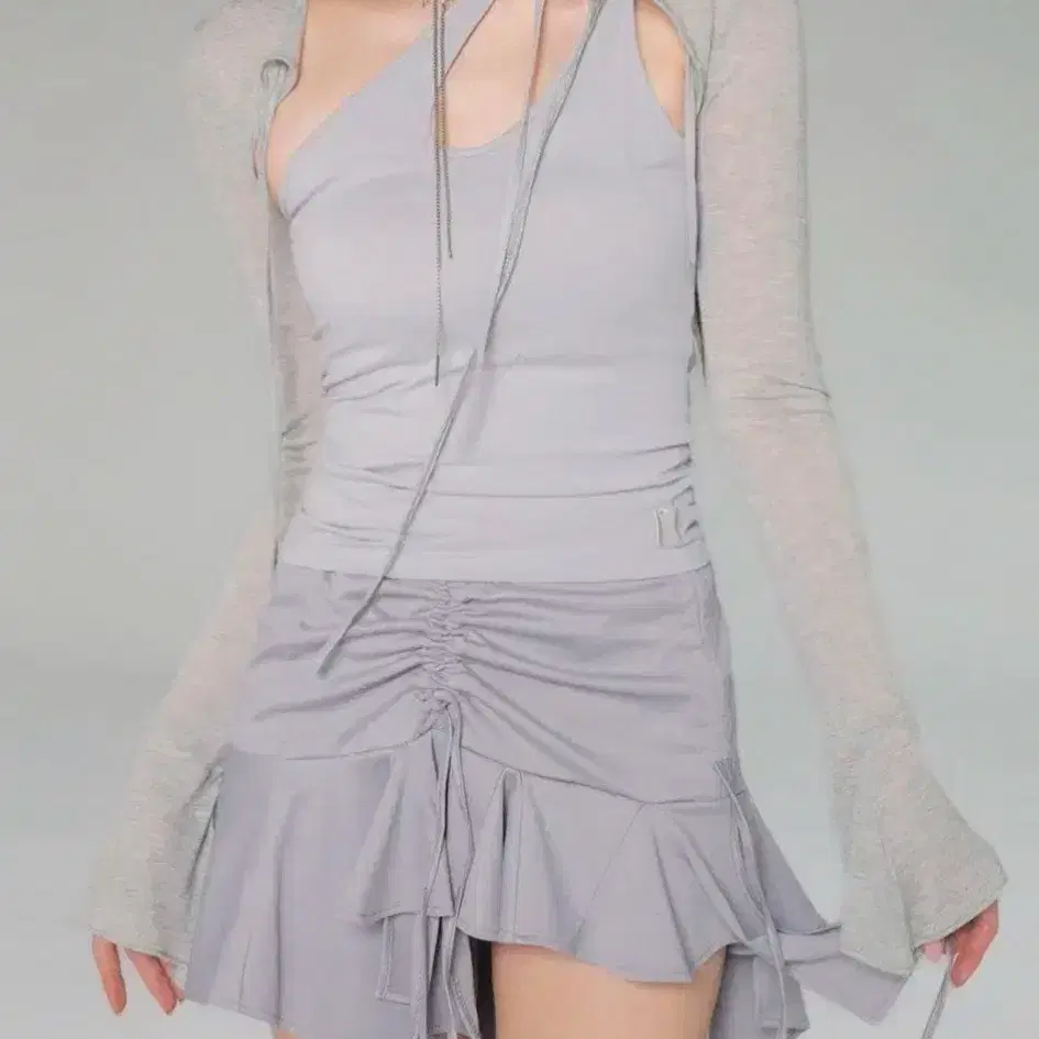 New Lay String Shirring Unbalanced Skirt Set Gray S #뉴얼린