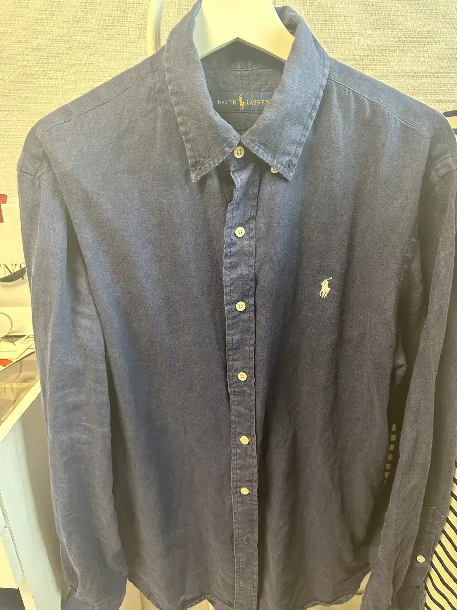 Polo Ralph Lauren Rarities Navy Linen Shirt White Pony L for sale