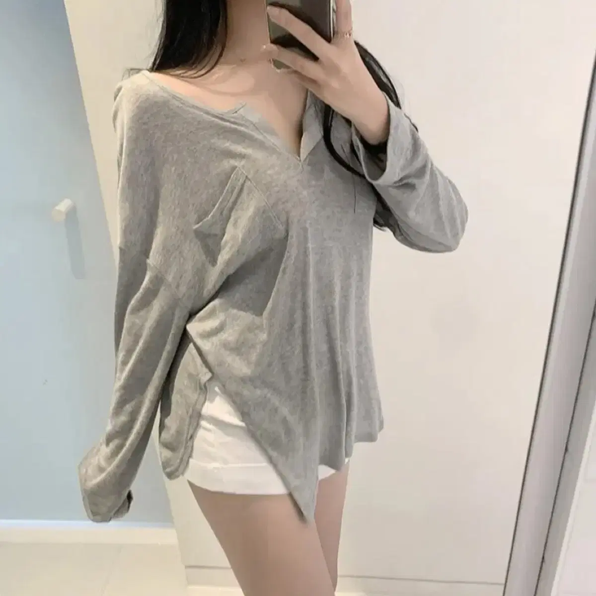 Abby Loose Fit Boxy Trim Long Sleeve Tee Grey (Cost2.1)