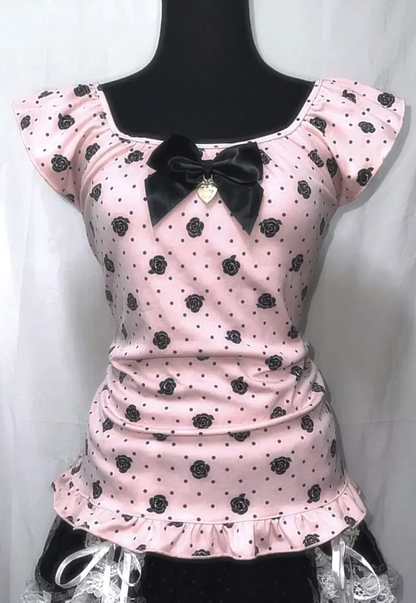 Pink Girls Dot Ribbon Heart Charm Ruffle Sleeveless Off Shoulder Romantic Gyaru Llew Eggshell Top Hime