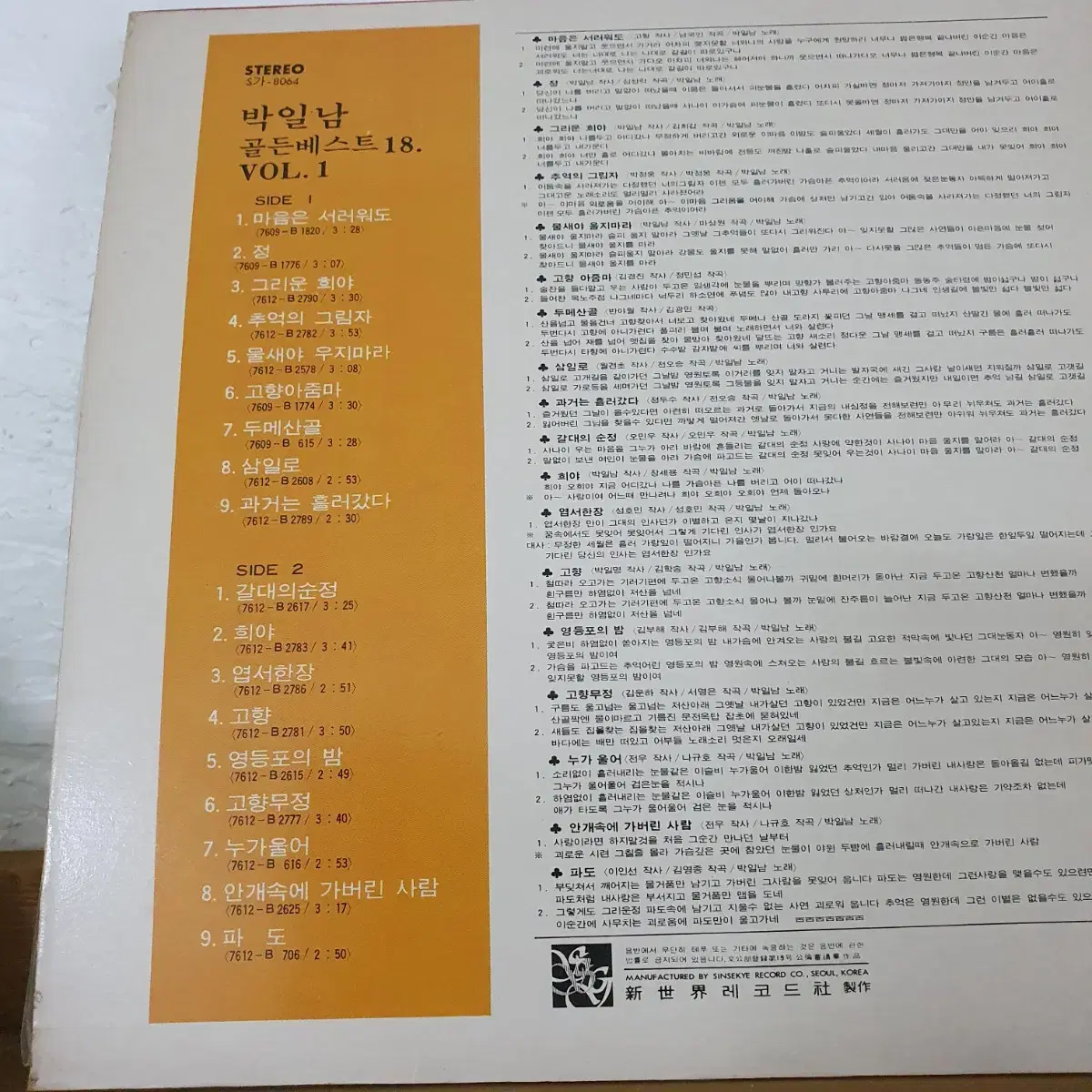 박일남 골든베스트 18  vol.1집  LP  1976