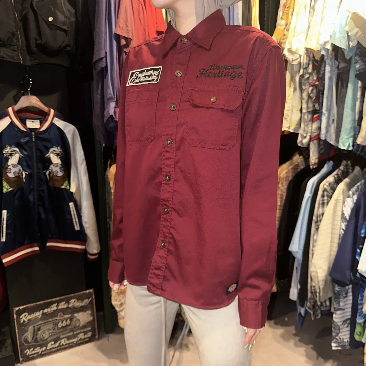 (503) DICKIES 디키즈 자수 패치 긴팔 워크 셔츠 버건디