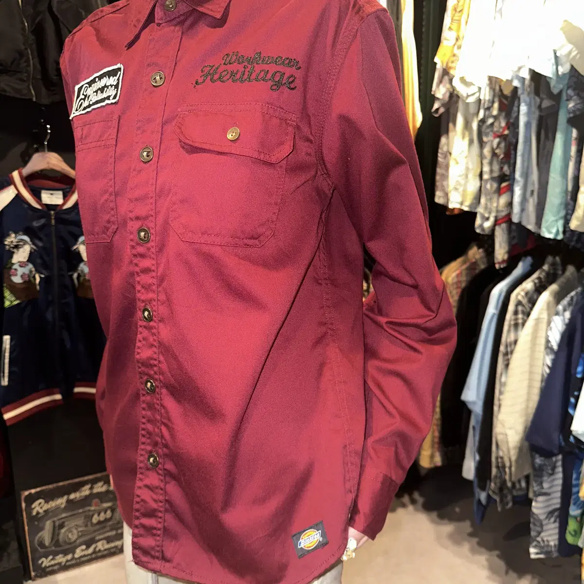 (503) DICKIES 디키즈 자수 패치 긴팔 워크 셔츠 버건디