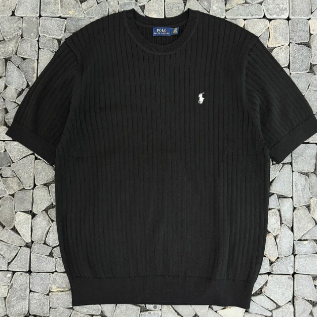 Men's Polo Black Ribbed Knit Short Sleeve