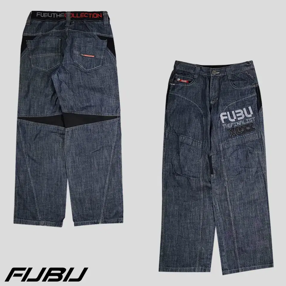 FUBU 후부 푸부 진청워싱 블랙 인디고 메쉬 스펠아웃 뒷밴딩 루즈핏 올