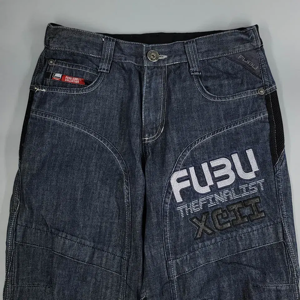 FUBU 후부 푸부 진청워싱 블랙 인디고 메쉬 스펠아웃 뒷밴딩 루즈핏 올