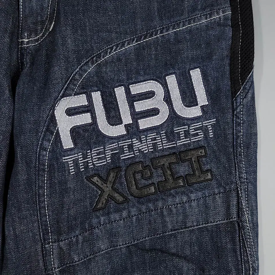 FUBU 후부 푸부 진청워싱 블랙 인디고 메쉬 스펠아웃 뒷밴딩 루즈핏 올