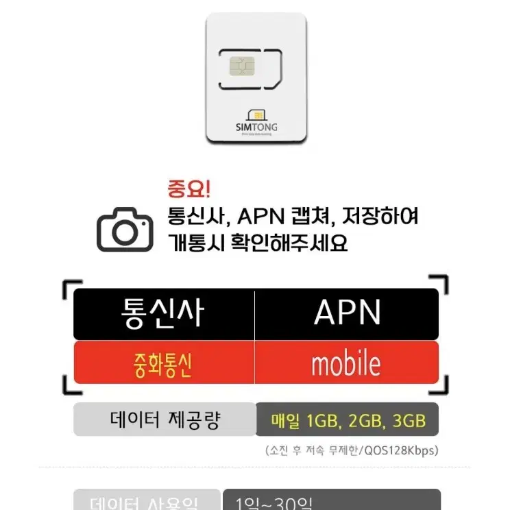 미사용 새제품대만유심 3일2GB