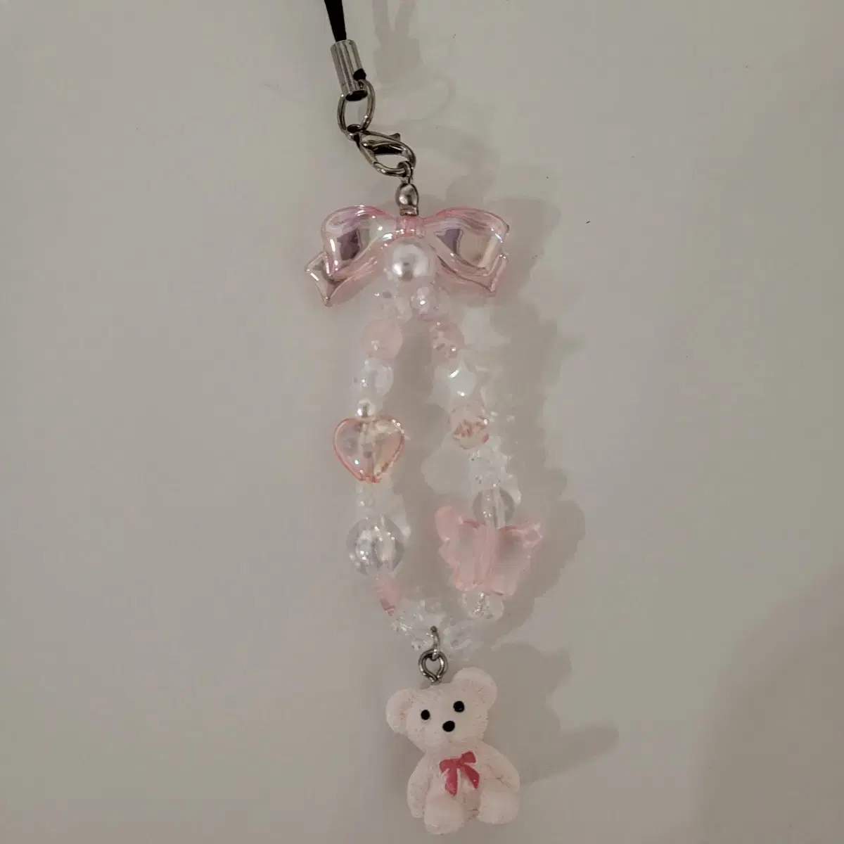 Pink teddy bear bead keyring