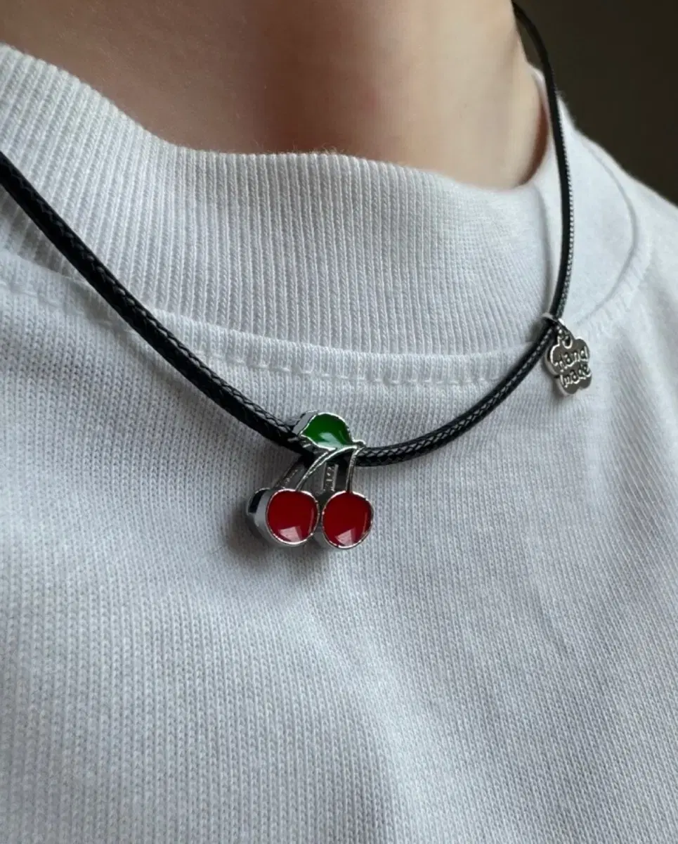 {Silver Leather Cherry Necklace}