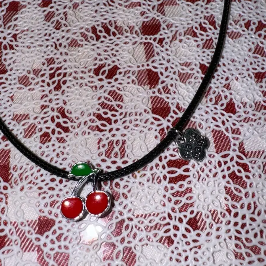 {Silver Leather Cherry Necklace}