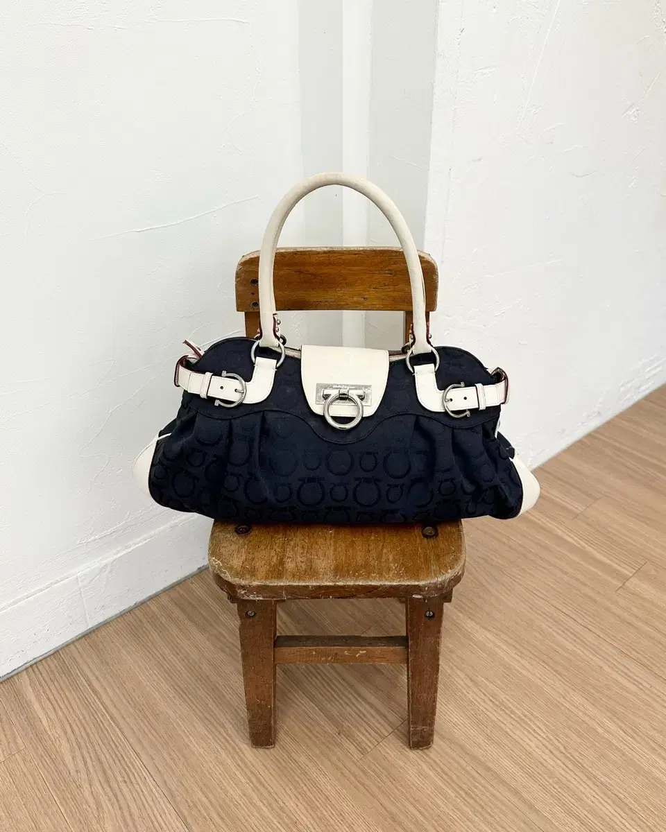 Ferragamo Navy Gancini Jacquard Baguette Shoulder Bag