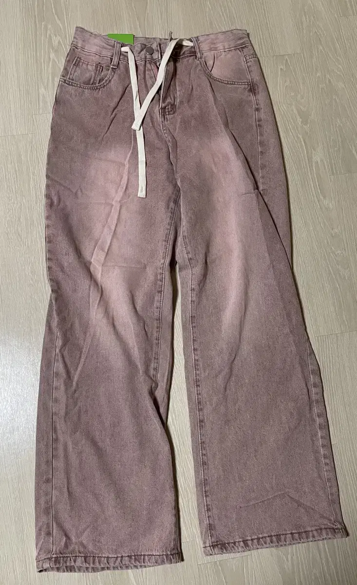 New product) Pink/Green Washed Denim Wide Pants Vintage