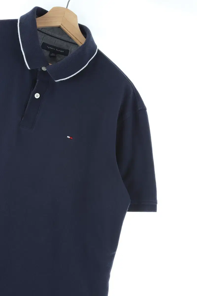 (L) Tommy Hilfiger Short-sleeved kara T-shirt Navy cotton loose-fit Old School-E405