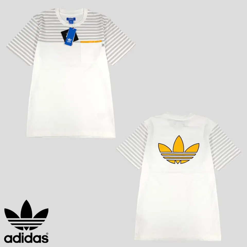 Adidas White Grey Yel Stripe Trefoil Backprinting Chest Pocket Nose