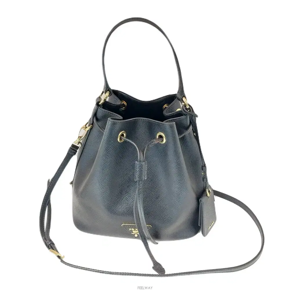 Prada 1BE032 Nero Saffiano Bucket Bag Crossbody in Keum