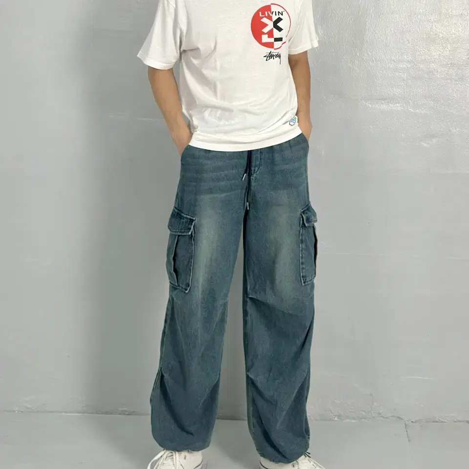 vintage denim parachute cargo pants