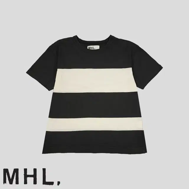 MHL 마가렛호웰 차콜 아이보리 배색 빅 스트라이프 코튼 린넨 혼방 반팔