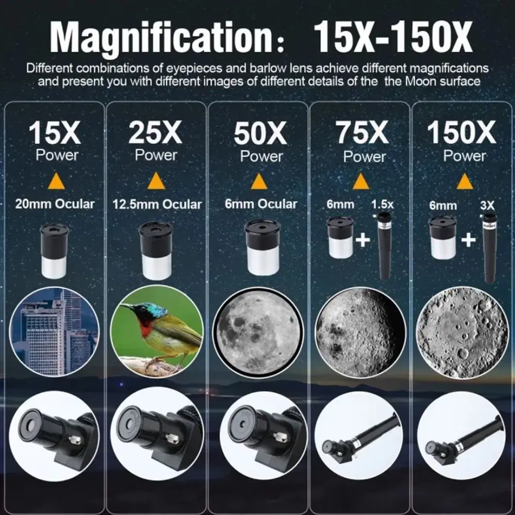 150X 천체 망원경, 70mm 휴대용 여행 망원경, 폰 어댑터 & 무선