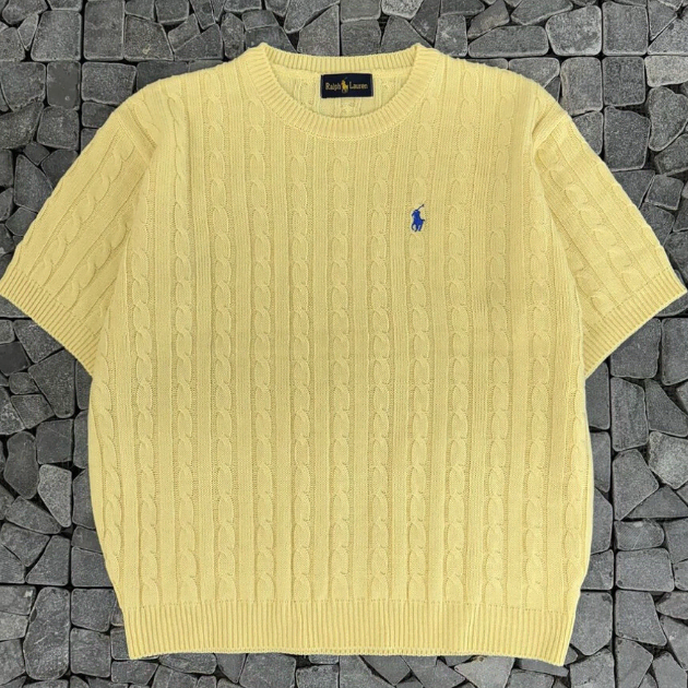 Men's polo yellow cable knit short sleeve